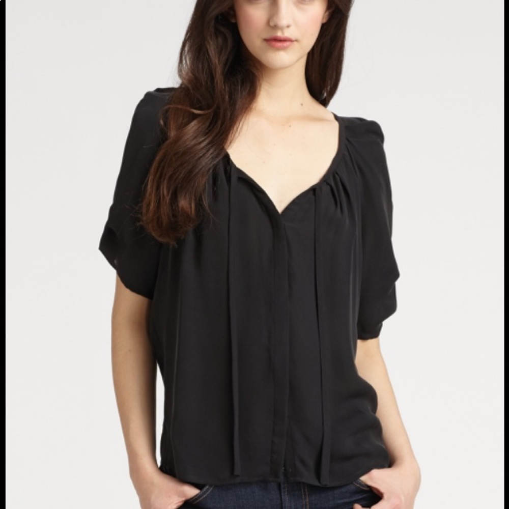 Joie Black Peasant V-Neck Short Sleeve Blouse